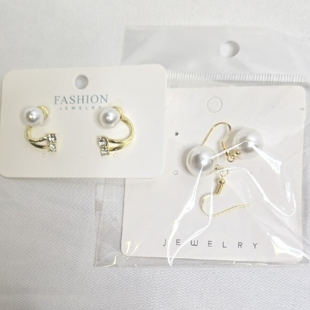 Gold Tone and Faux Pearl Earring Set - 2 Pairs